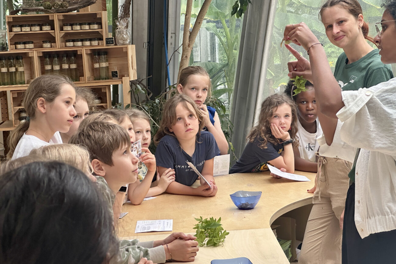 Kinder sitzen um einen Tisch herum und hören zwei Erwachsenen zu, die den Umgang mit Kräutern demonstrieren.