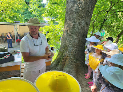 Der Imker steht vor einem Baum und erklärt einer Kindergruppe etwas über Bienen.