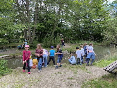 Kinder spielen und entdecken an einem Teich, der von Bäumen und Grün umgeben ist.