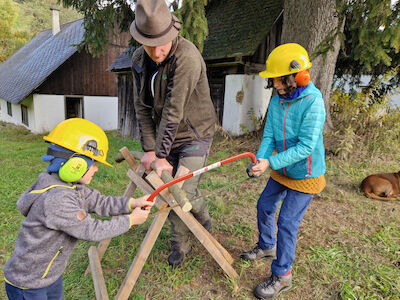 Zwei Kinder mit Gehörschutz und Waldarbeiterhelm sägen mit Hilfe eines Erwachsenen einen dicken Stamm mit einer Säge ab.