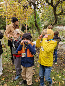 Mit farbigen kleinen Brillen betrachten drei Kinder ihre Umgebung genauer.