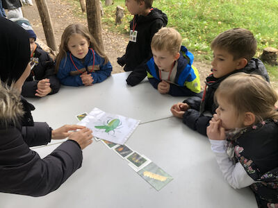 Die Kinder erfahren an einem Tisch von einer Frau Wissenswertes über Käfer.