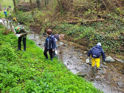 In der Rettenbachklamm erkunden Kinder des Workshops 10 ("Wassertiere in Natur und Aquarium") das Leben im und um den Bach.
