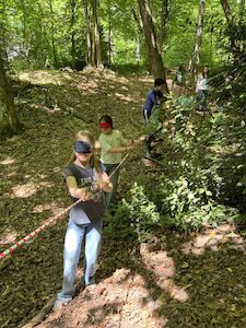 Ein gespanntes Seil durch den Wald dient als Orientierungshilfe beim Durchqueren mit verbundenen Augen.