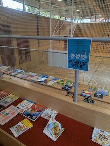 Ausgestellte Bücher beim Bücherflohmarkt auf der Tribüne der Sporthalle.