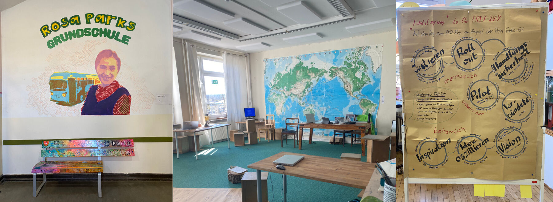 Rechts ist ein Plakat von der Rosa Parks Schule zu sehen. In der Mitte eine Klassenzimmeransicht mit einer riesigen Weltkarte an der Wand. Rechts ist etwas vom FREI DAY in Plakatform abgebildet.